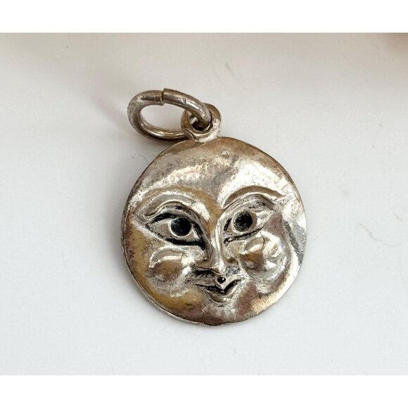 Full Moon Face Tiny Hand Carved Sterling Silver 925 Vintage Pendant | Charm - Picture 1 of 9